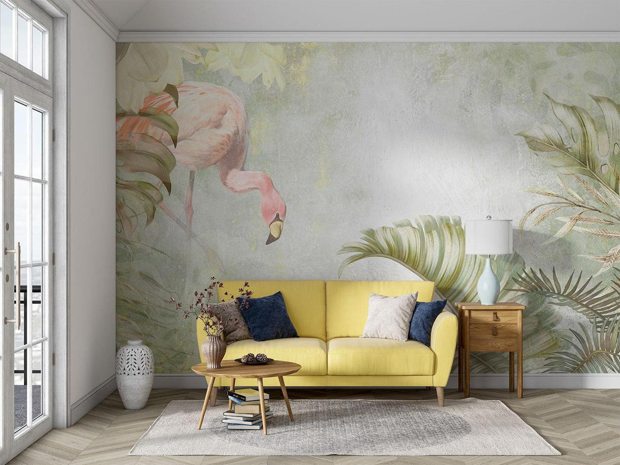Watercolor flamingo mural making a statement in an entryway