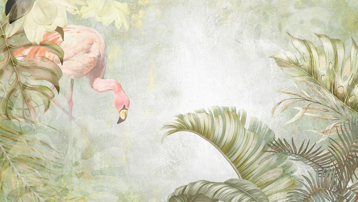Design file showing detailed tropical flamingo pattern with soft pink and sage palm leaves