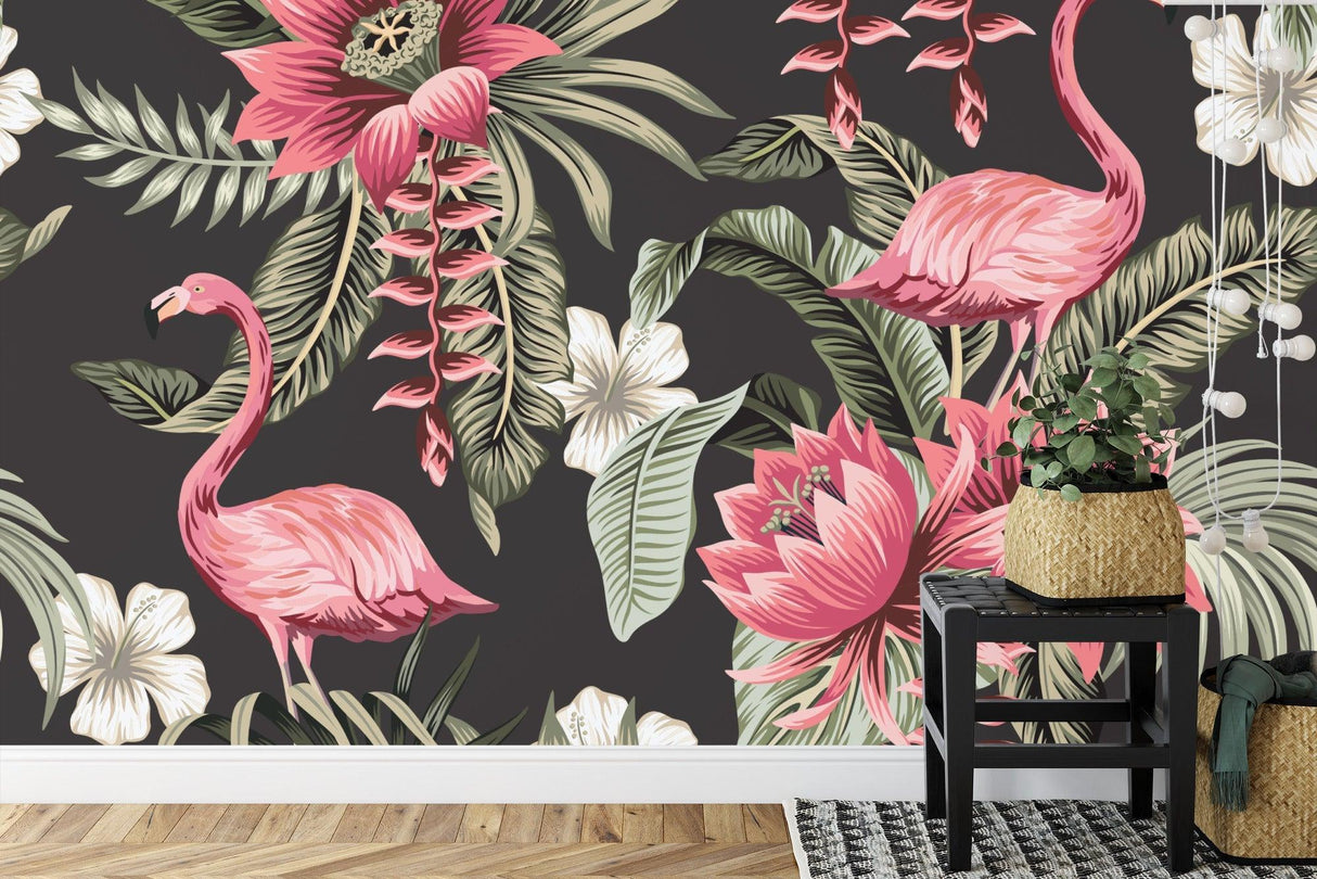 Tropical flamingo wallpaper mural bringing dramatic elegance to a modern living room with black walls