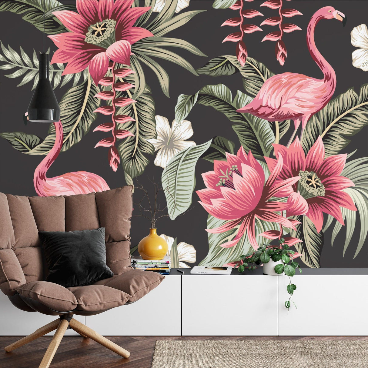 Pink flamingo wall mural creating a stunning backdrop in a luxury master bedroom