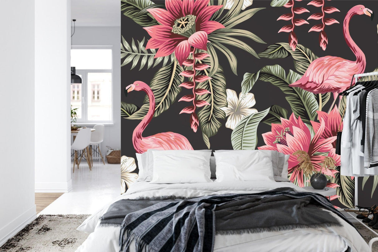 Exotic floral wallpaper transforming a dining room with dark tropical vibes