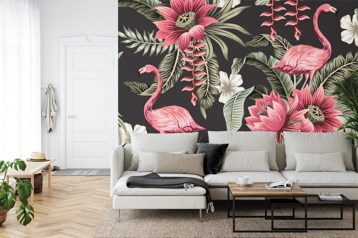 Tropical paradise mural making a bold statement in a boutique hotel lobby