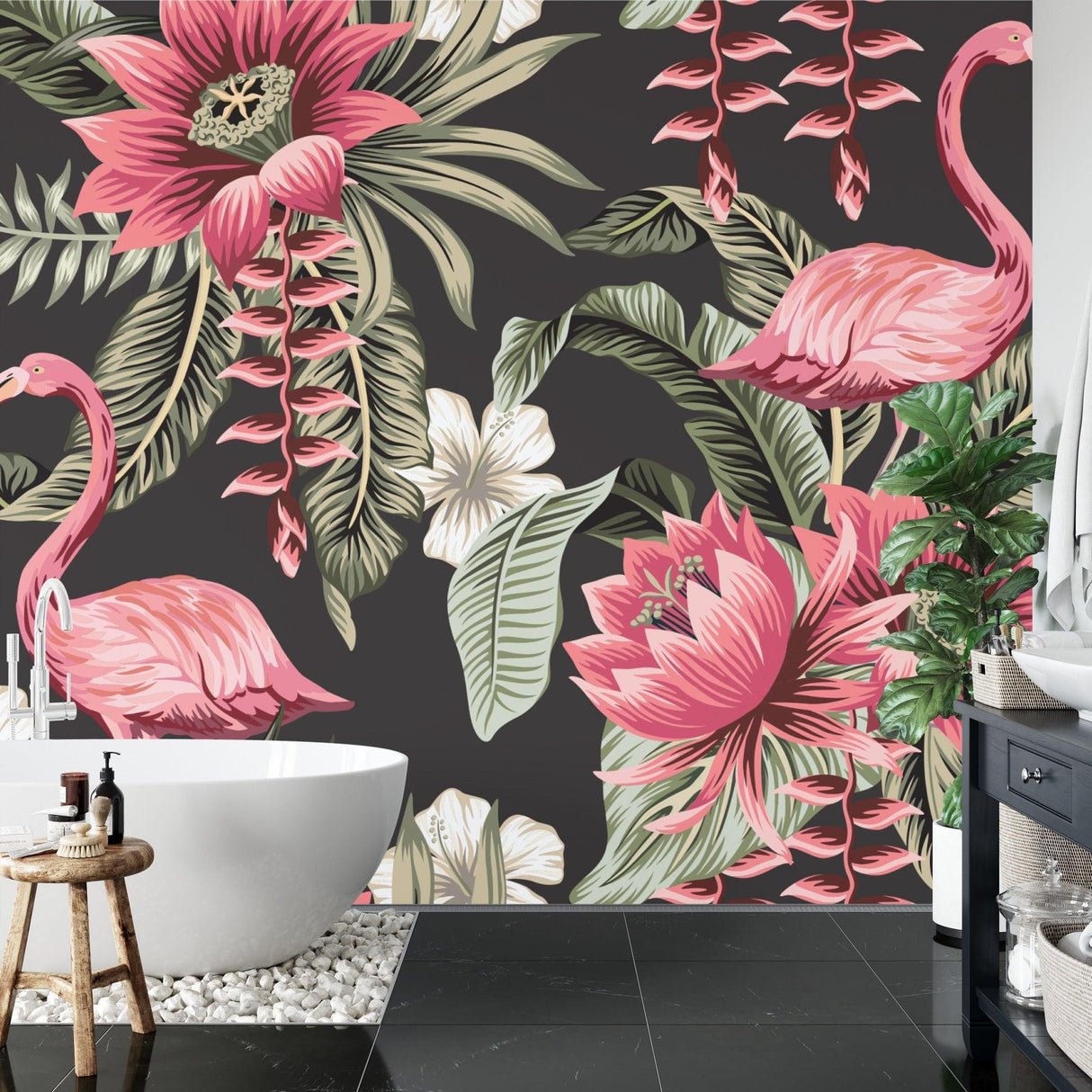 Pink flamingo wallpaper bringing nature indoors in a contemporary office space