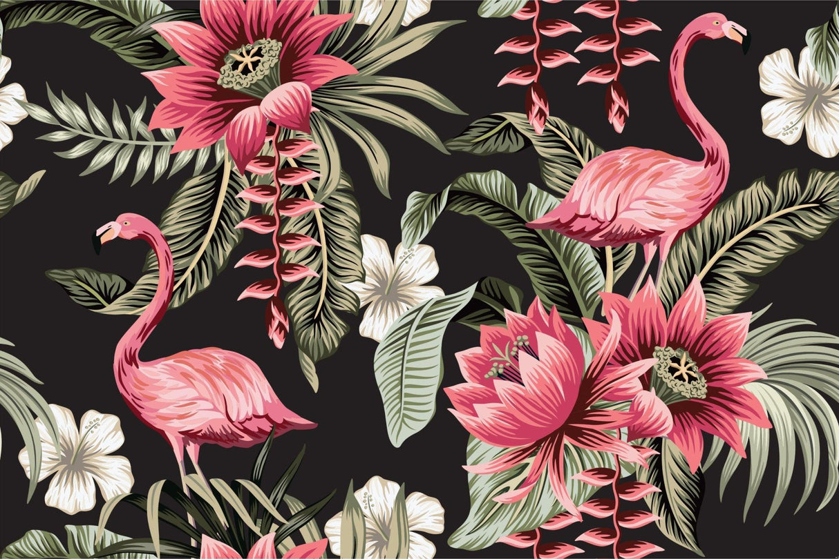 Design file showing pink flamingos and exotic flowers pattern on black background