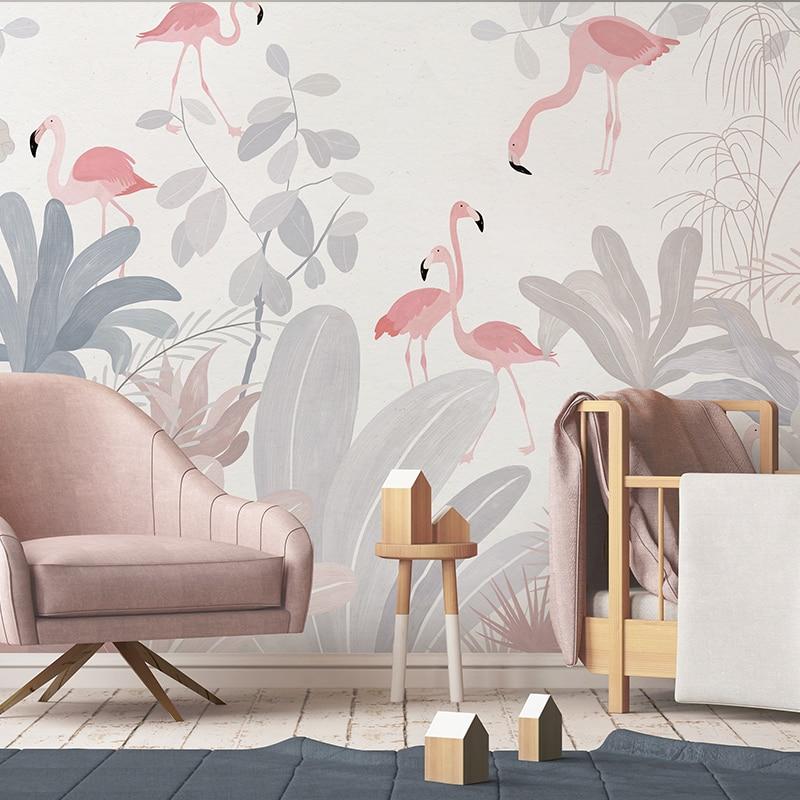 Pink Flamingo tropical wallpaper creating a calm atmosphere in a modern living room