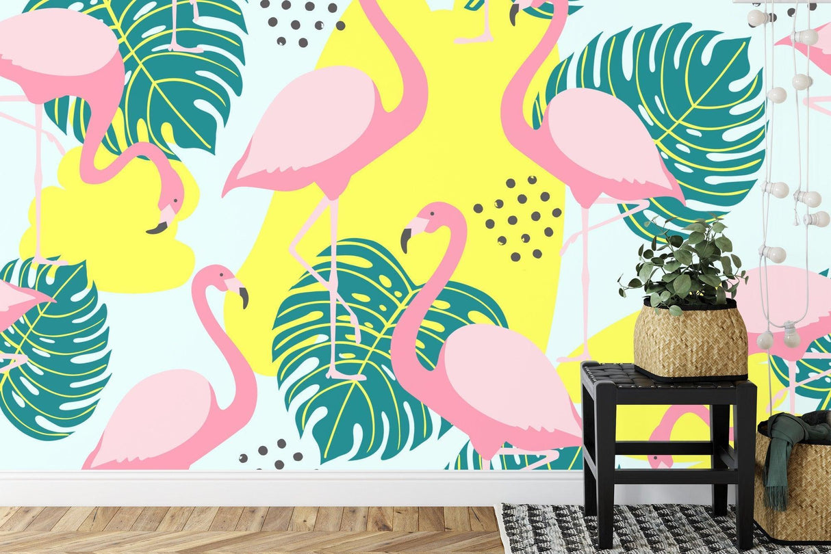 Tropical Flamingo Wallpaper creating a fresh vibe in a modern living room with white furniture