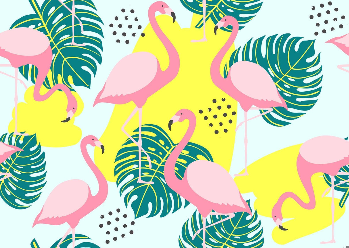 Pink Flamingo Wall Mural brightening up a bedroom with natural light and green accents