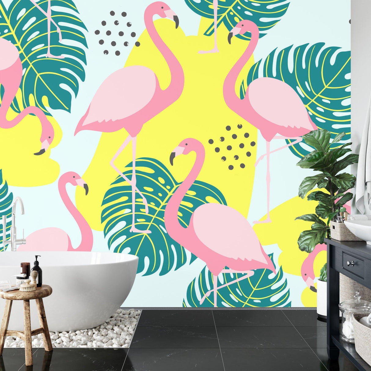 Monstera Leaf Wallpaper with flamingos making a statement in a home office space