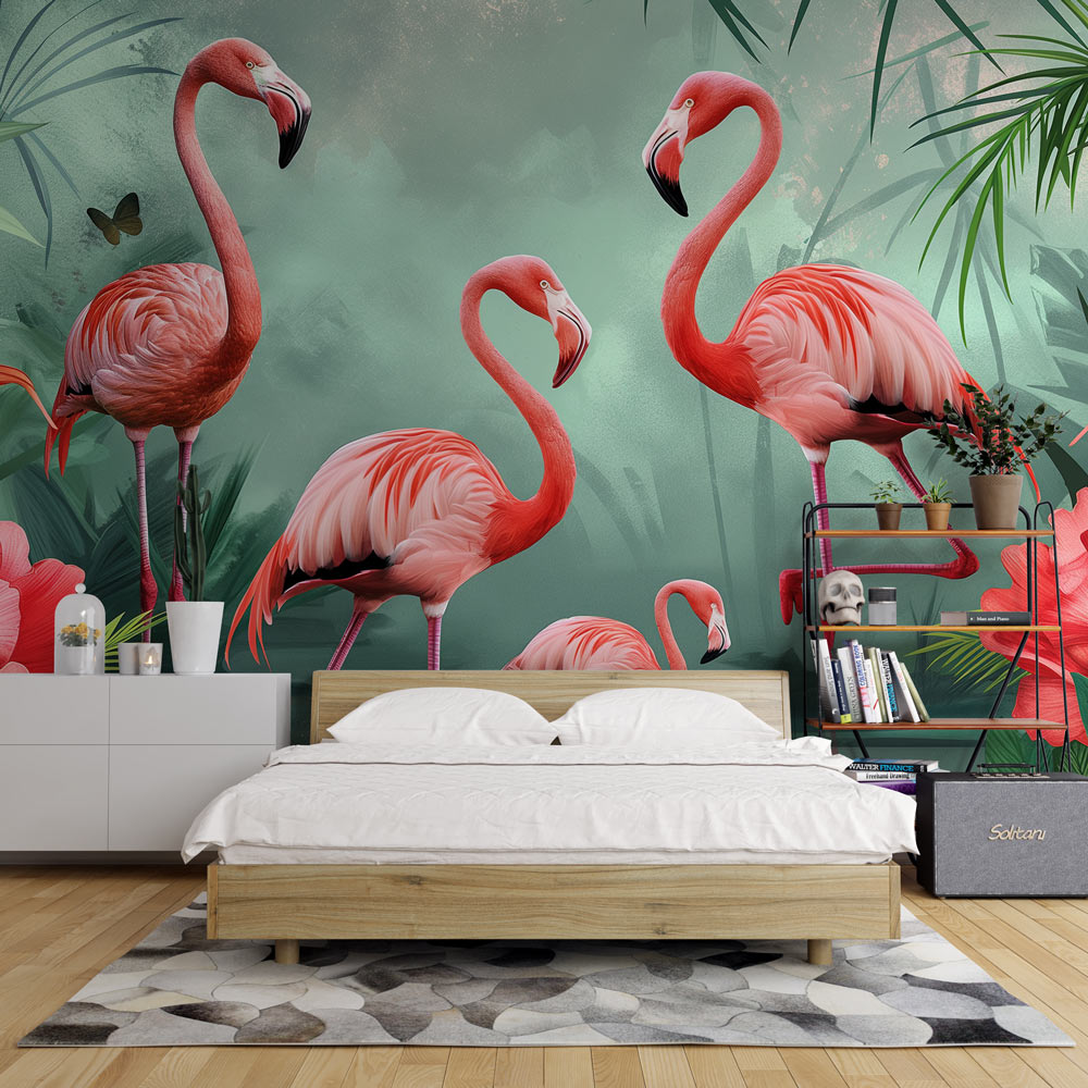 Tropical Flamingo Wallpaper creating a peaceful sanctuary in a modern living room with natural light and coastal decor