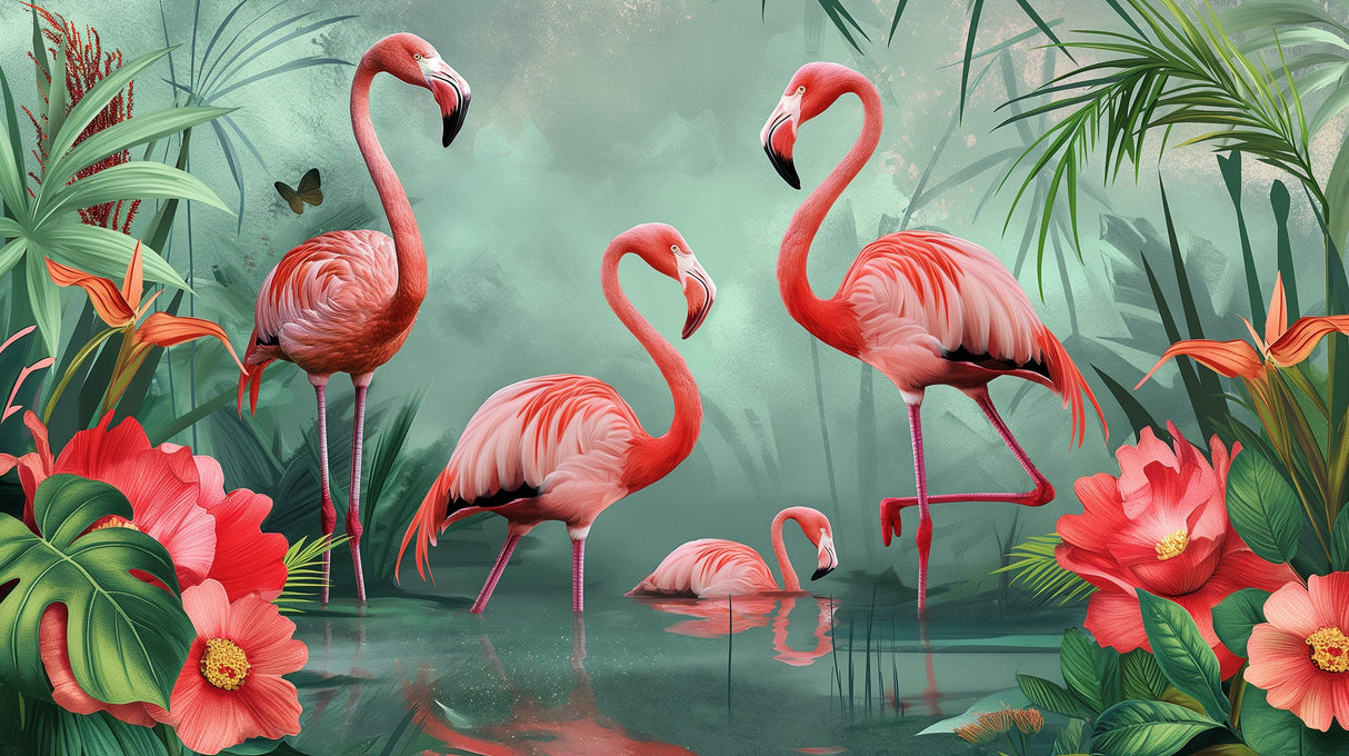 Pink Flamingo Paradise design file showing detailed tropical pattern with sage green backdrop and coral flowers