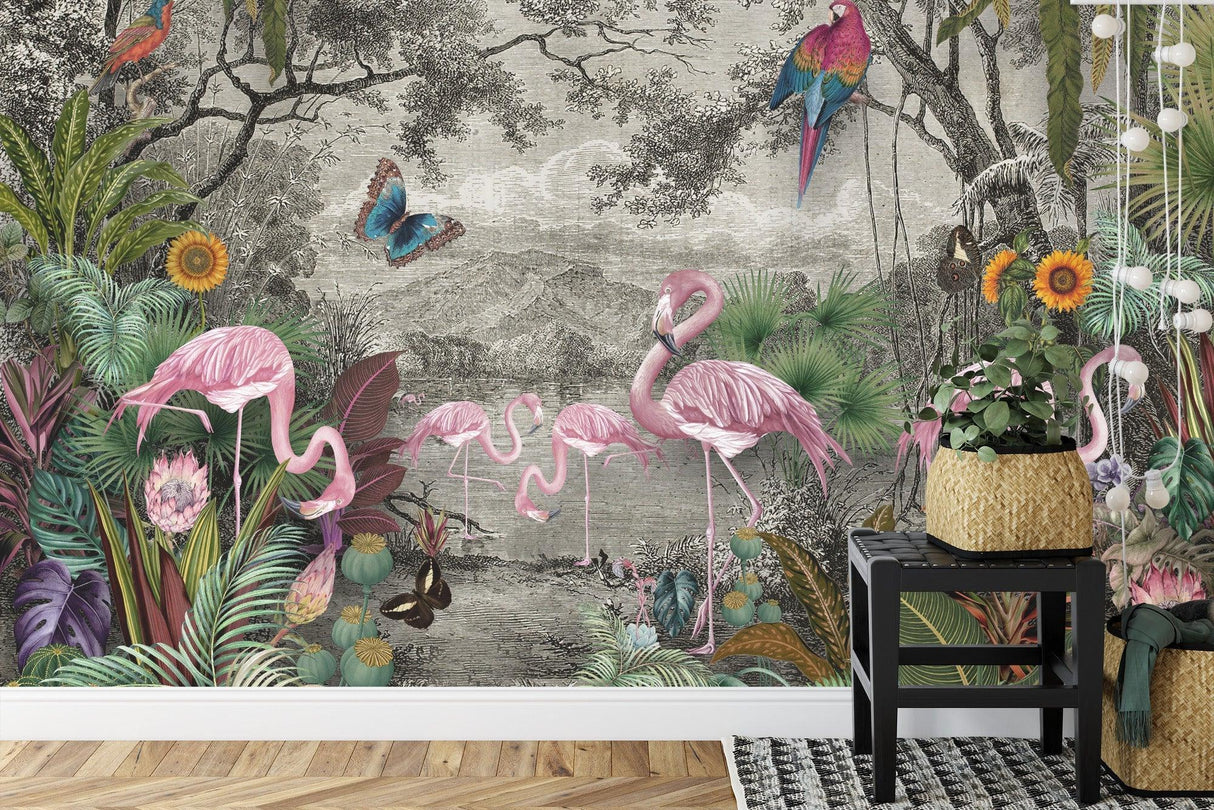 Tropical Flamingo wallpaper in bright modern living room showing scale and impact of the design