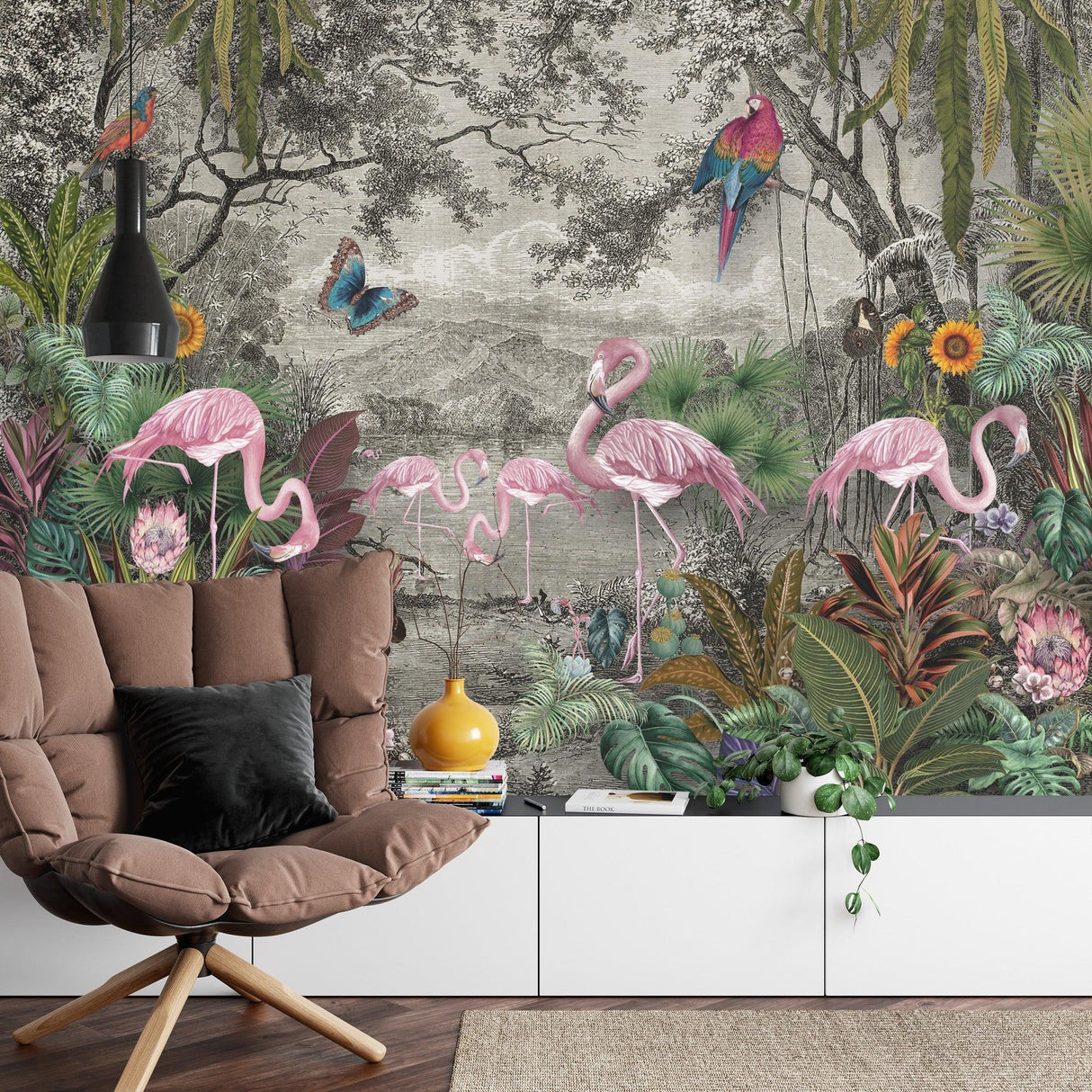 Pink Flamingo wall mural creating focal point in dining room with contemporary furniture