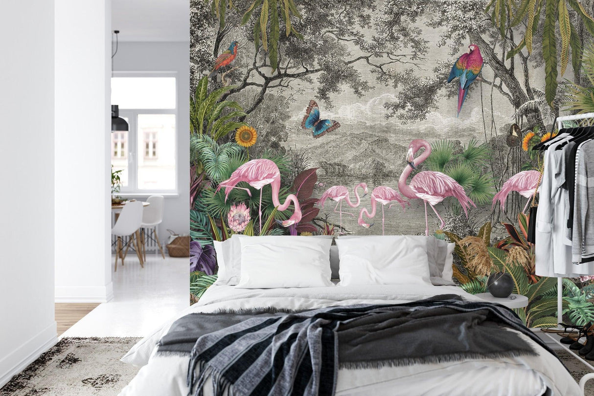 Flamingo wallpaper making statement in home office with minimal decor