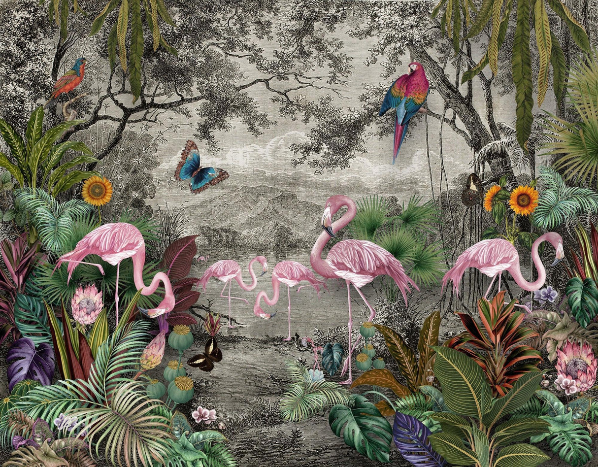 Design file showing full tropical pattern with pink flamingos, exotic flowers and butterflies