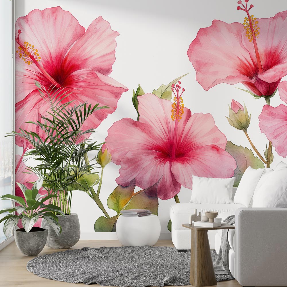 Pink Hibiscus Tropical Wallpaper creates a sunny accent wall in modern white bedroom with natural wood furniture