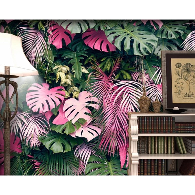 Monstera leaf wallpaper in dining room with modern furniture and natural decor