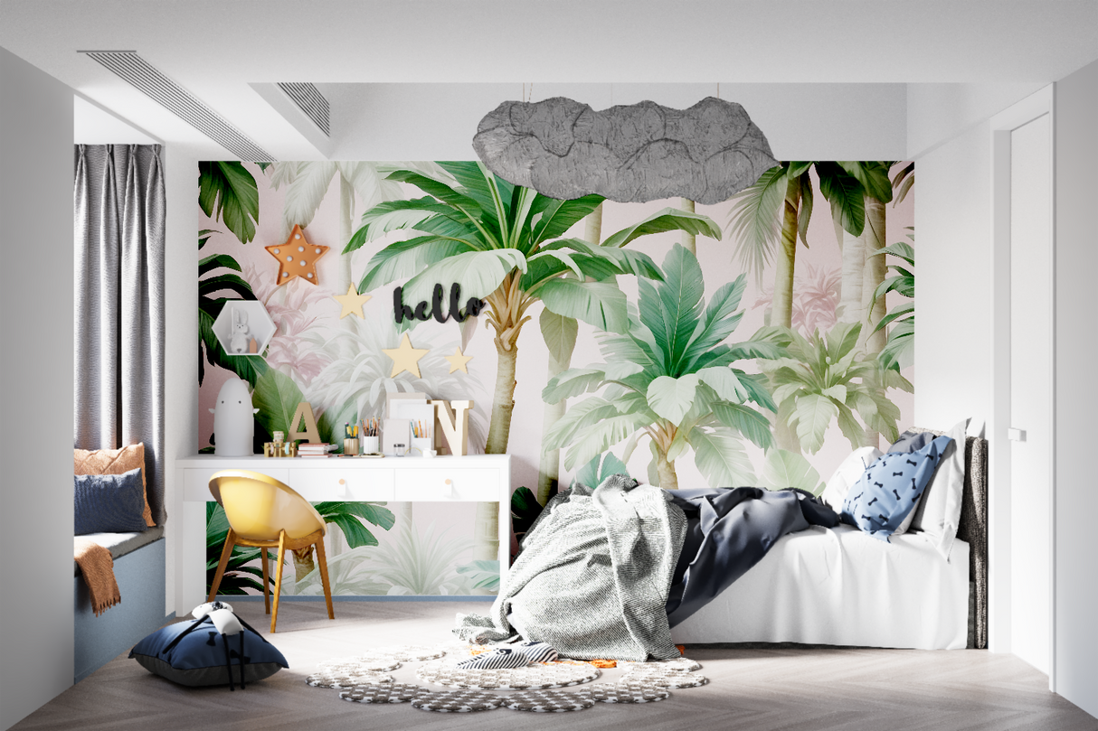 Pink palm leaves mural wallpaper creating tropical vibes in bedroom setting