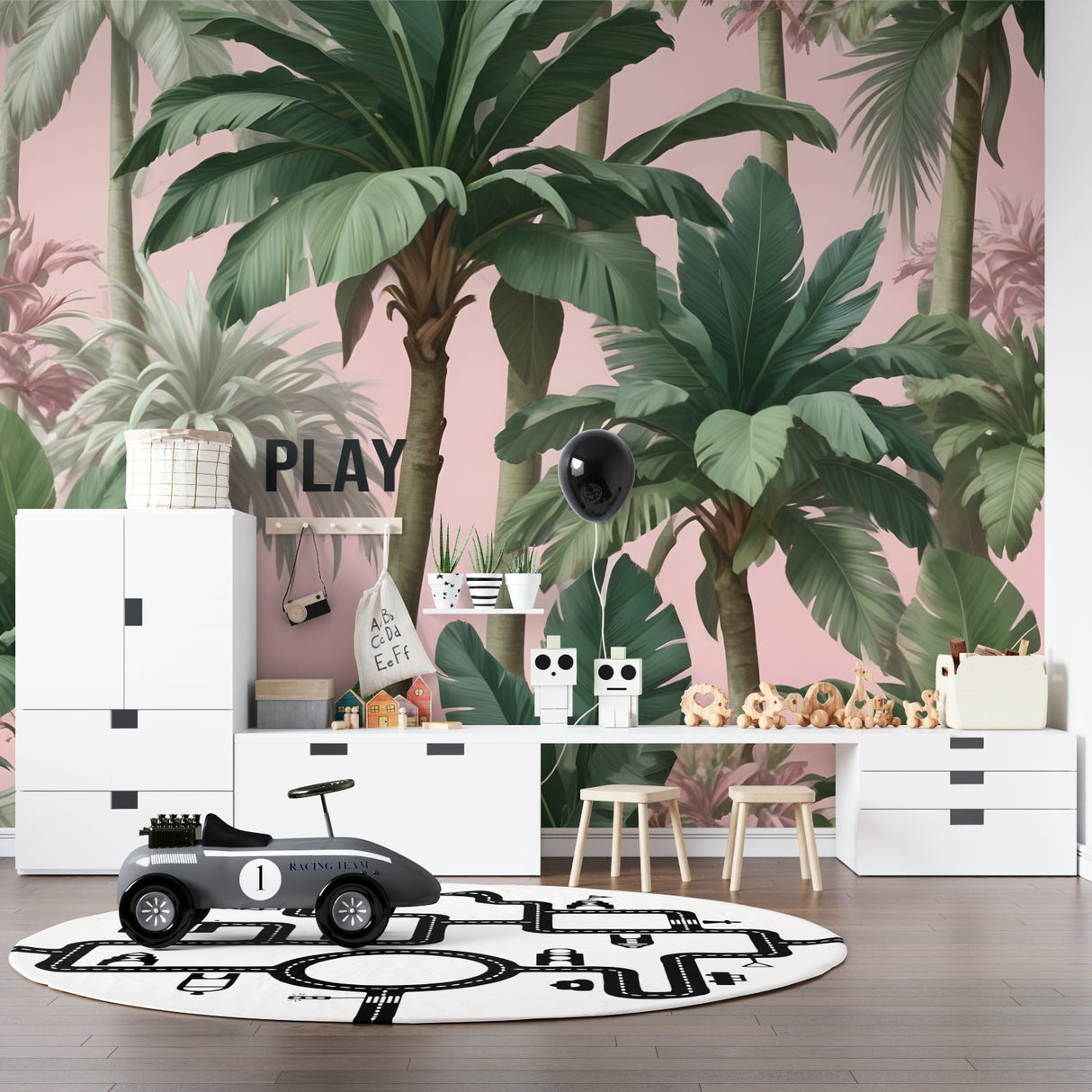 Pink tropical palm wallpaper in modern living room with white sofa and natural light