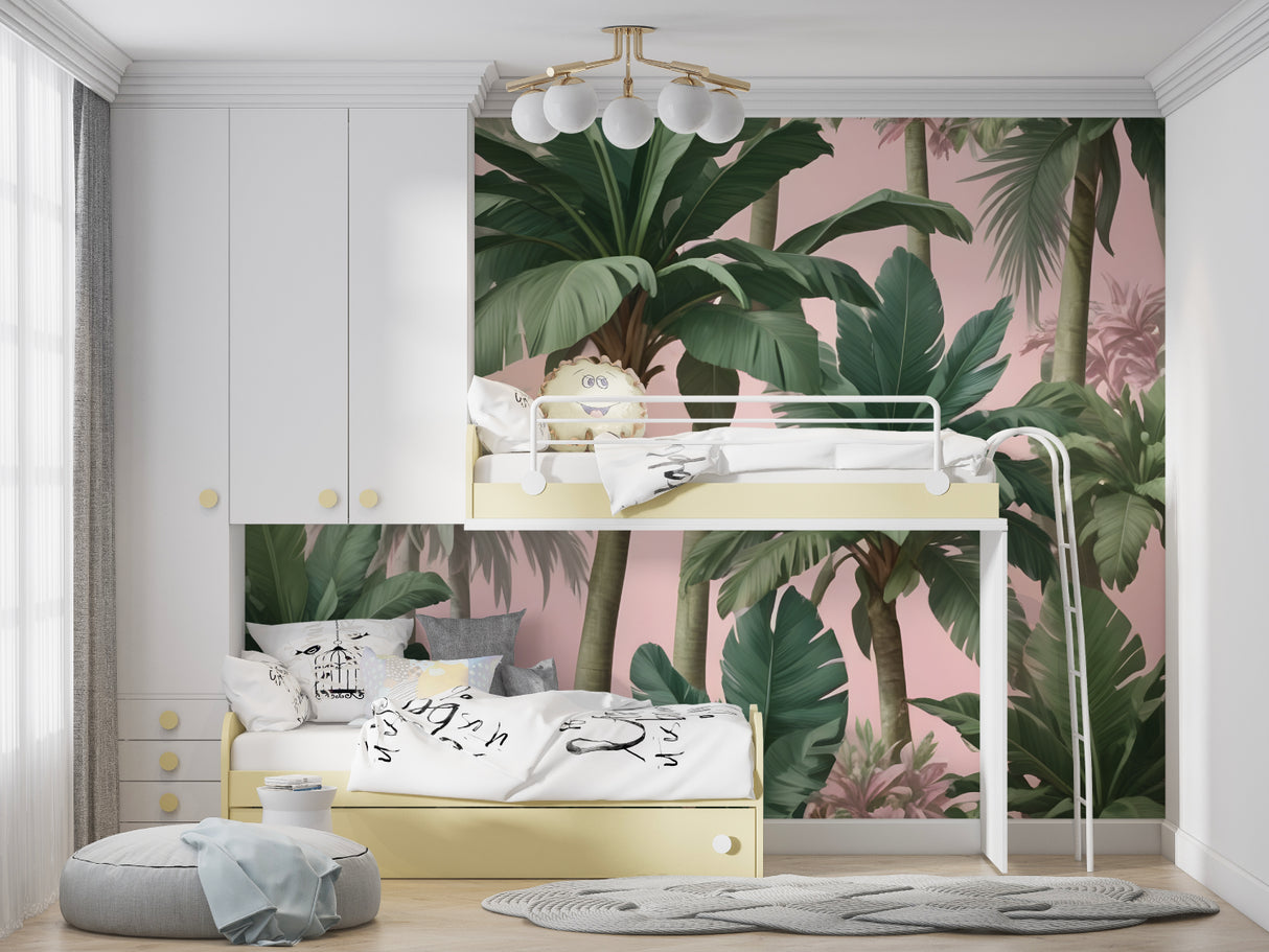 Tropical palm tree wallpaper in home office with pink and green accents