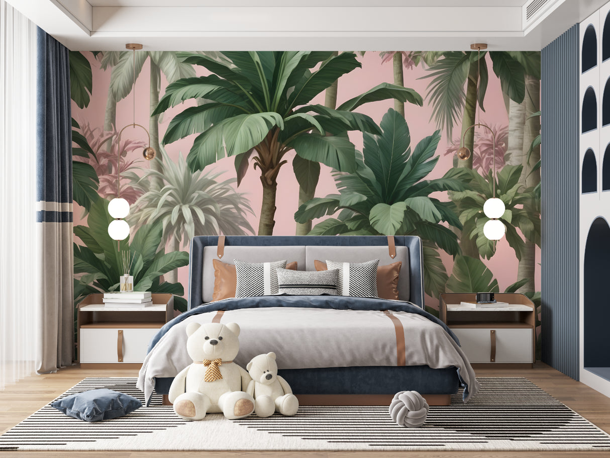 Pink palm leaf mural in dining room with modern furniture