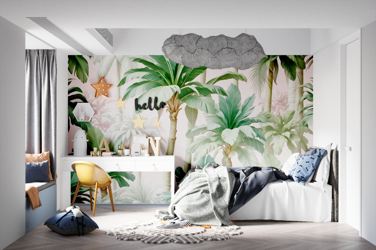 Tropical paradise wallpaper in boutique shop entrance