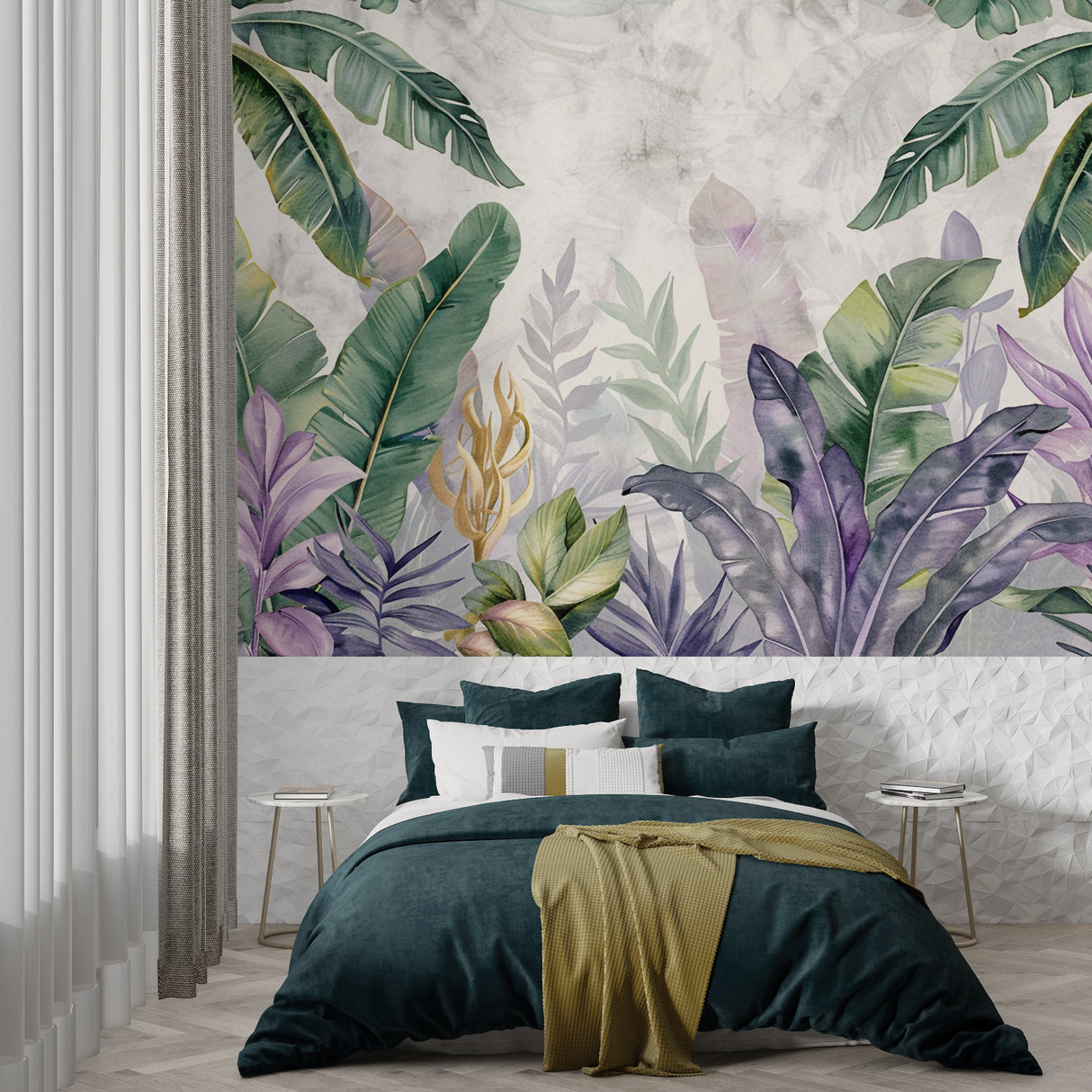 Tropical botanical wallpaper with purple and green leaves in a modern living room setting