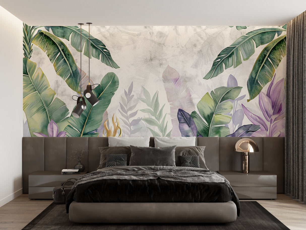 Purple and green tropical leaf mural creating depth in a bedroom space