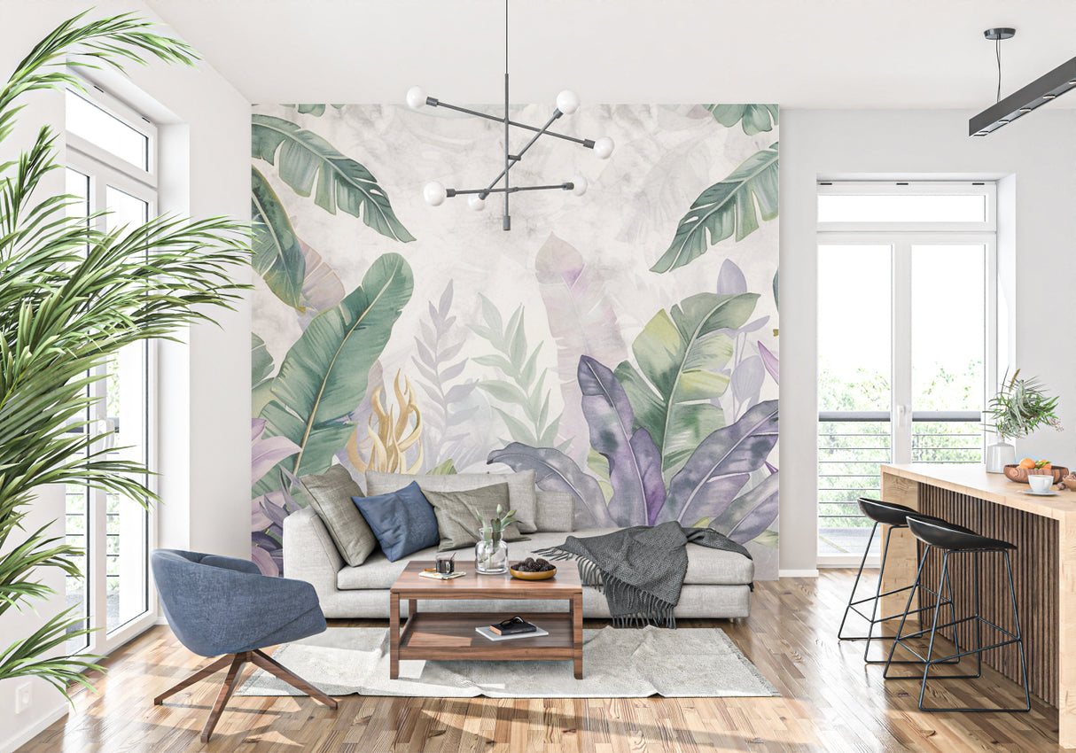 Botanical wall mural showcased in a bright dining room environment