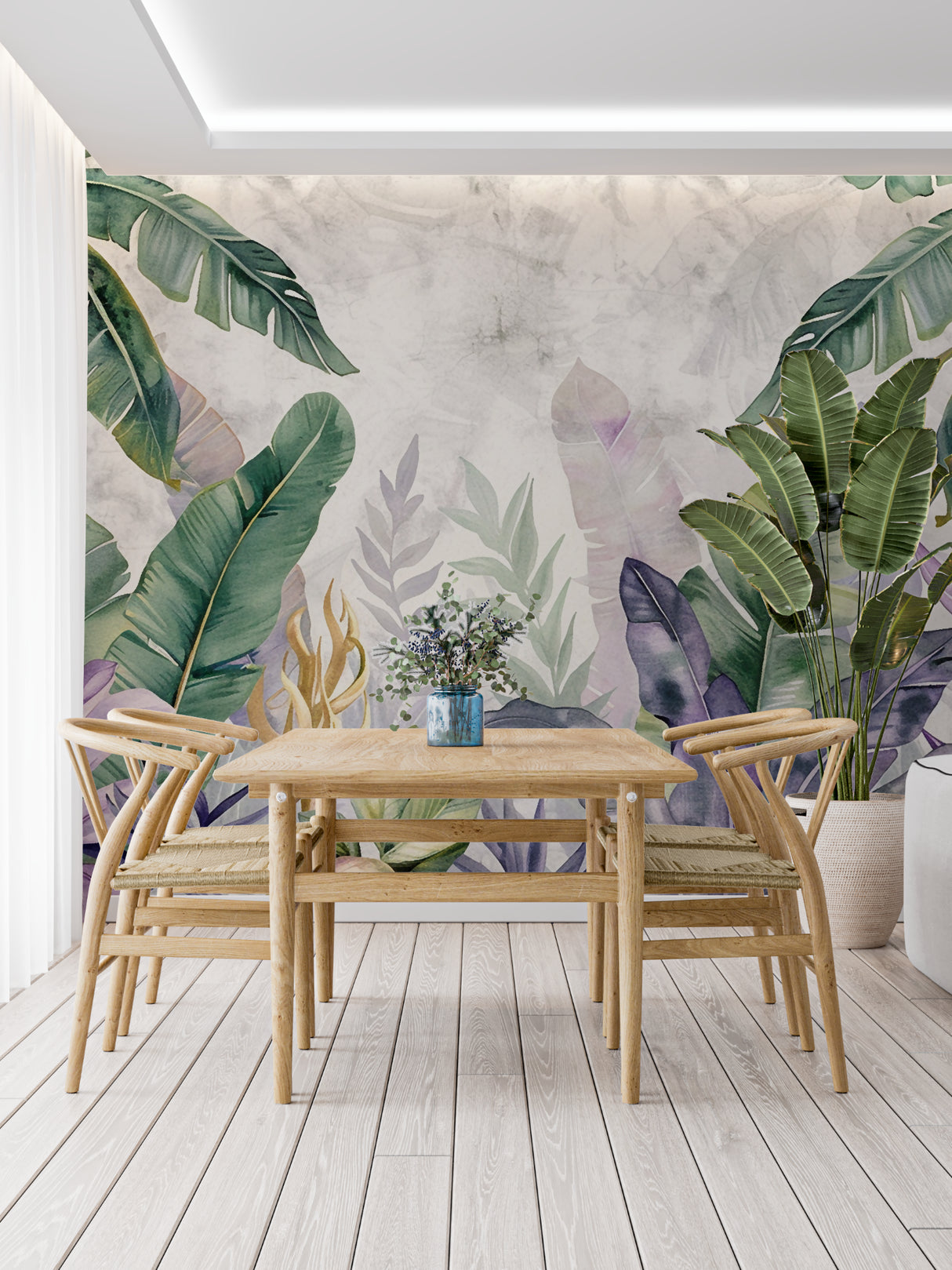 Tropical leaf pattern adding life to a home office setting