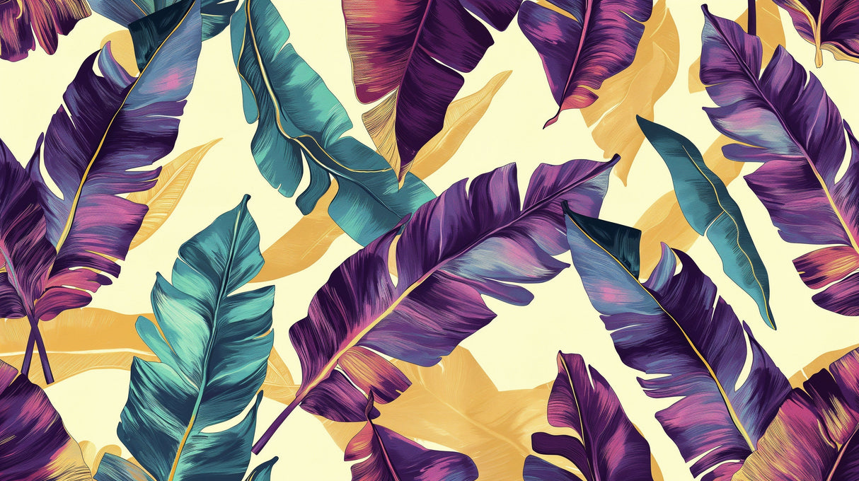 Tropical banana leaf wallpaper with purple and teal leaves creating a fresh look in a modern living room setting