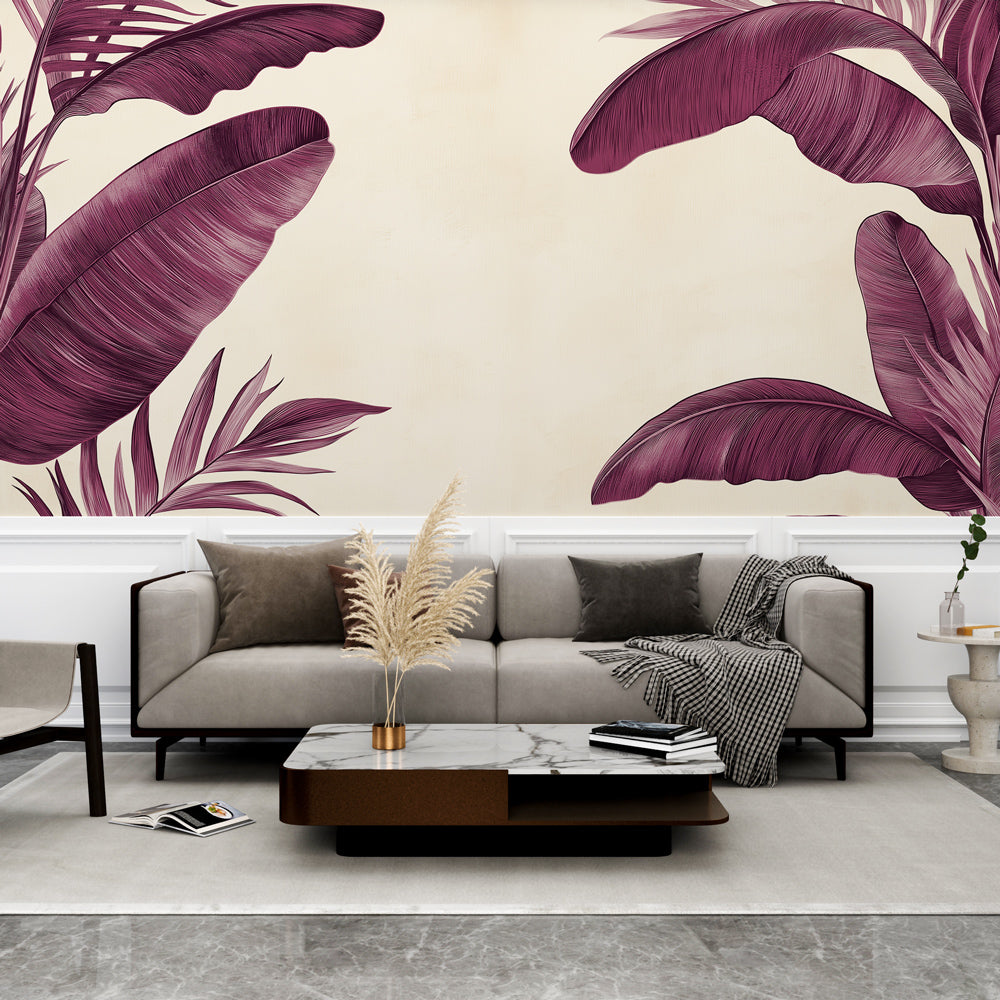 Purple banana leaf wallpaper mural in modern dining room with natural light showing rich burgundy tones