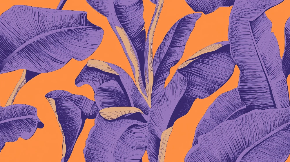 Purple banana leaves on orange background design file showing intricate botanical pattern details