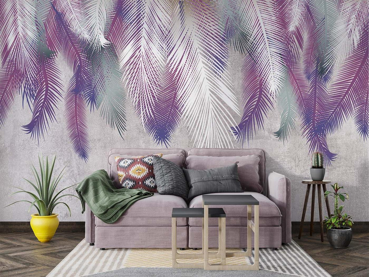 Purple Palm Leaves Wallpaper creating a stunning accent wall in a modern living room with grey sofa and natural light
