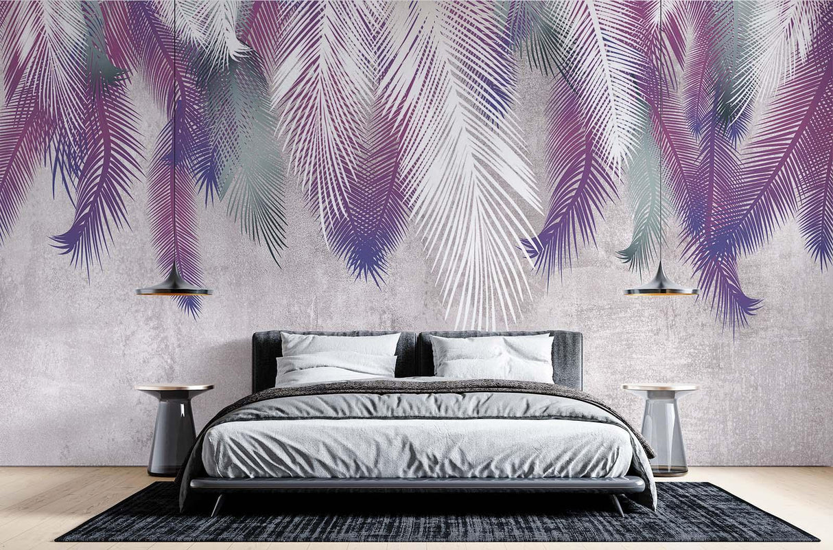 Tropical Palm Wallpaper in purple tones bringing fresh style to a bright bedroom with white bedding