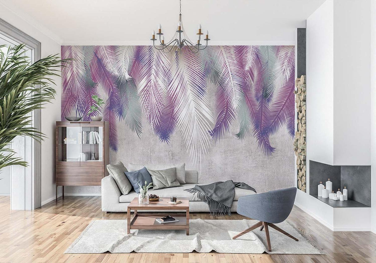 Purple Palm Leaves Mural making a statement in a home office with minimal furniture and plants