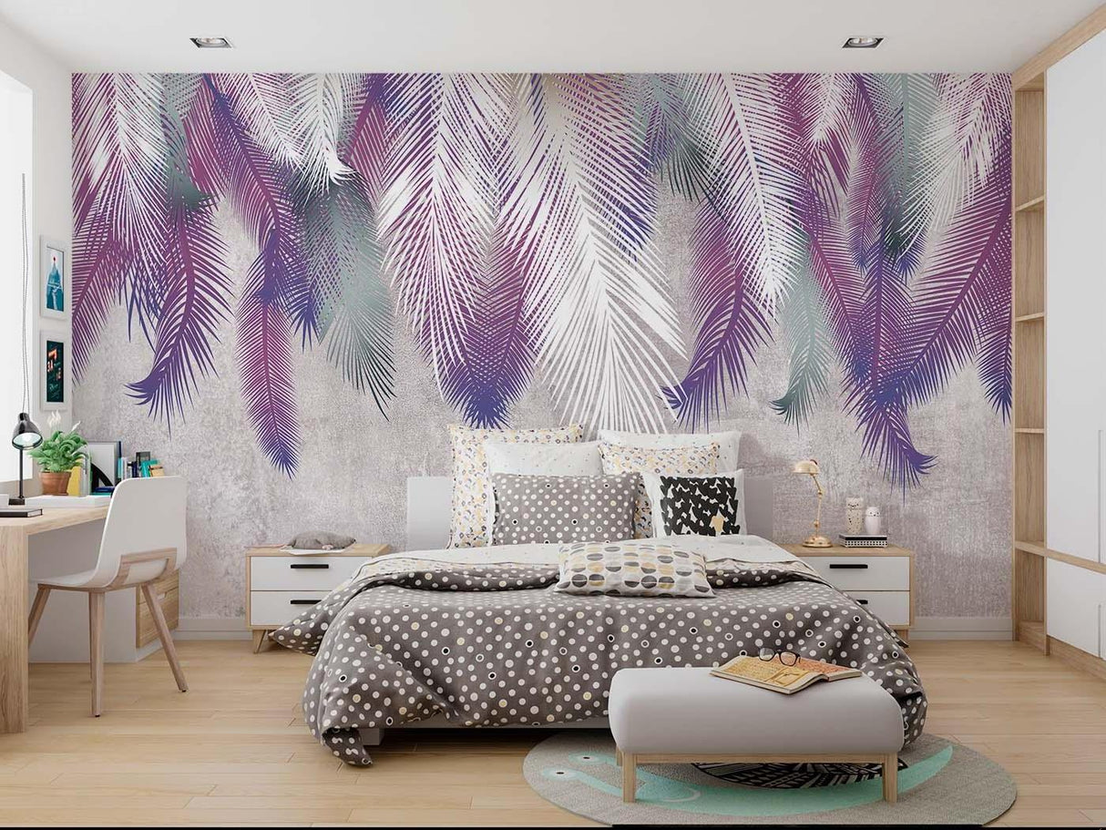 Tropical Palm Leaves Wallpaper adding character to a dining room with modern furniture and soft lighting