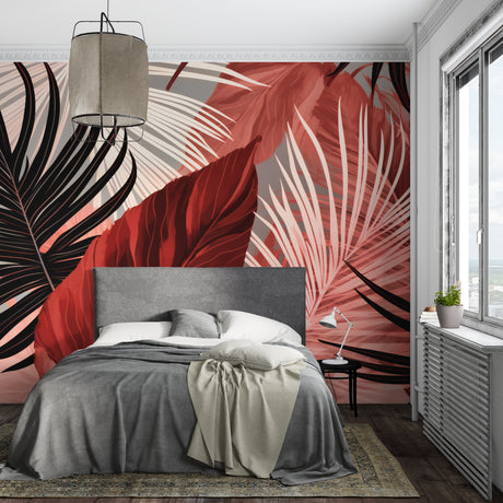 Tropical palm leaves wallpaper in modern living room, showing red and black botanical design against grey sofa