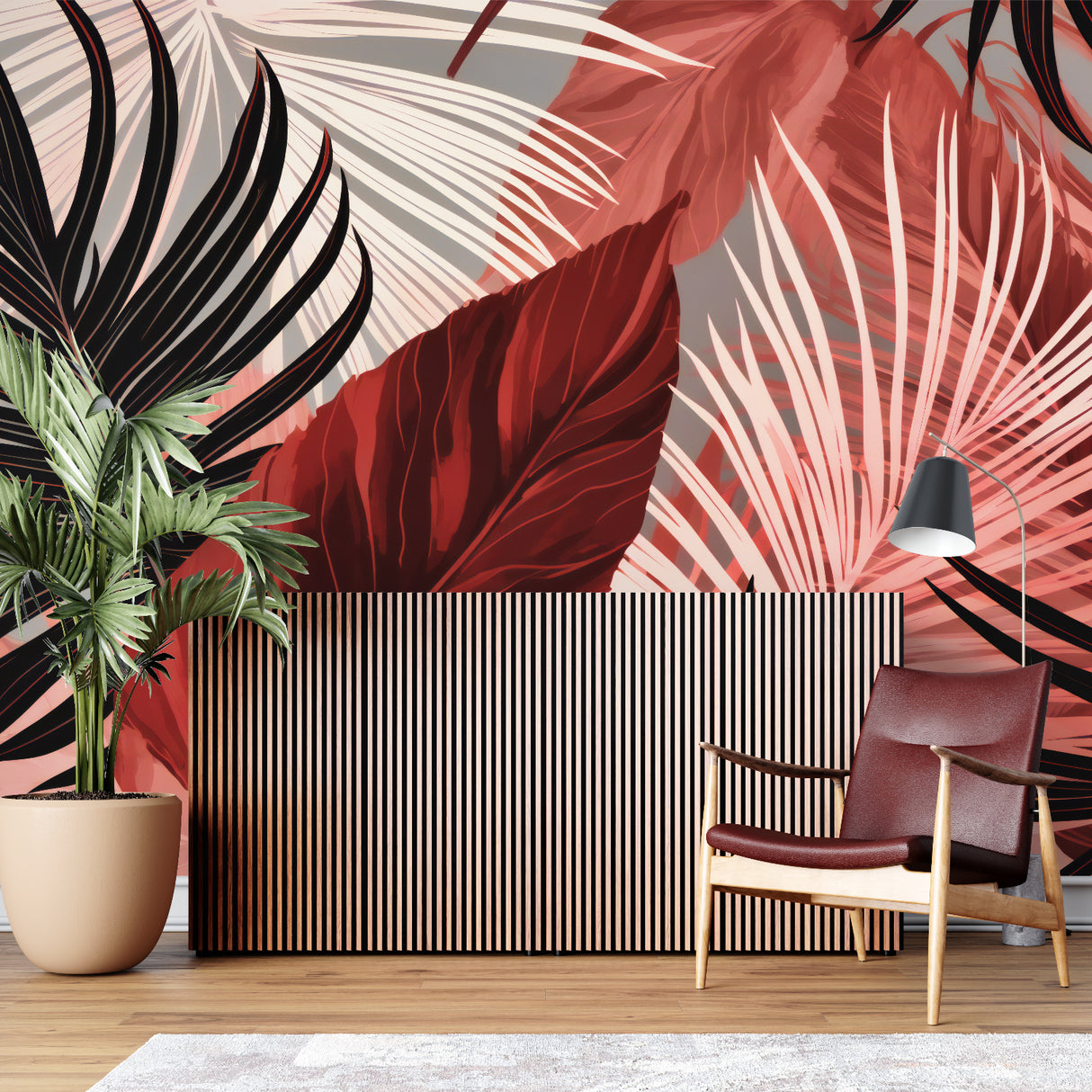 Palm leaves wallpaper in home office showing scale of pattern