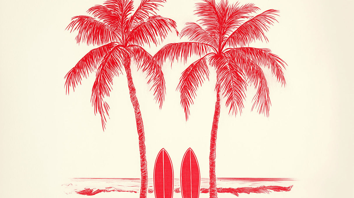 Red palm trees and surfboards wallpaper design file showing pattern detail and scale