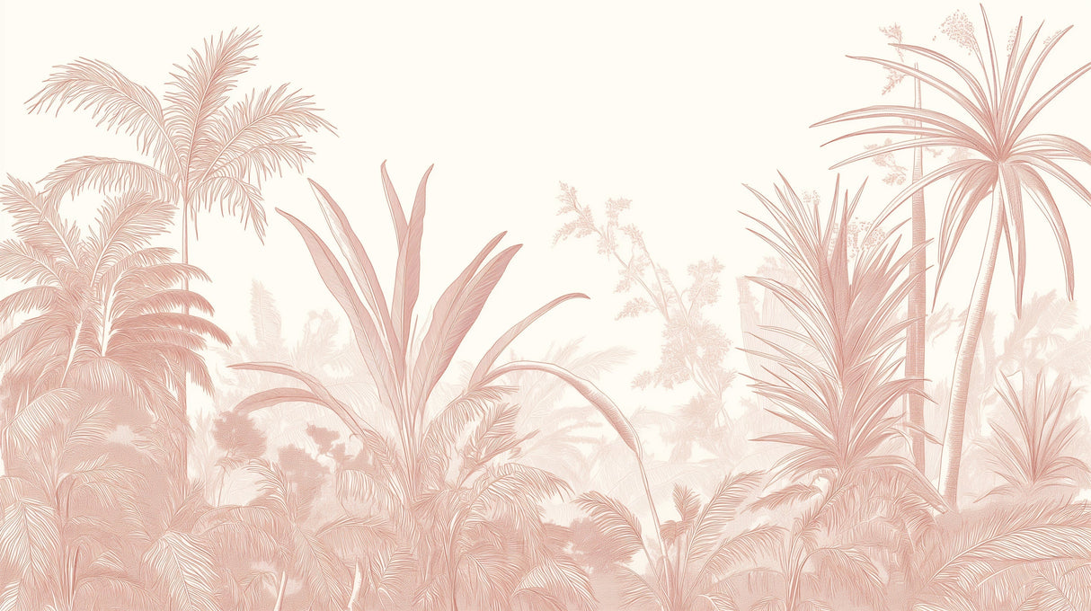 Tropical palm leaf wallpaper in rose gold creating a peaceful master bedroom retreat with soft lighting