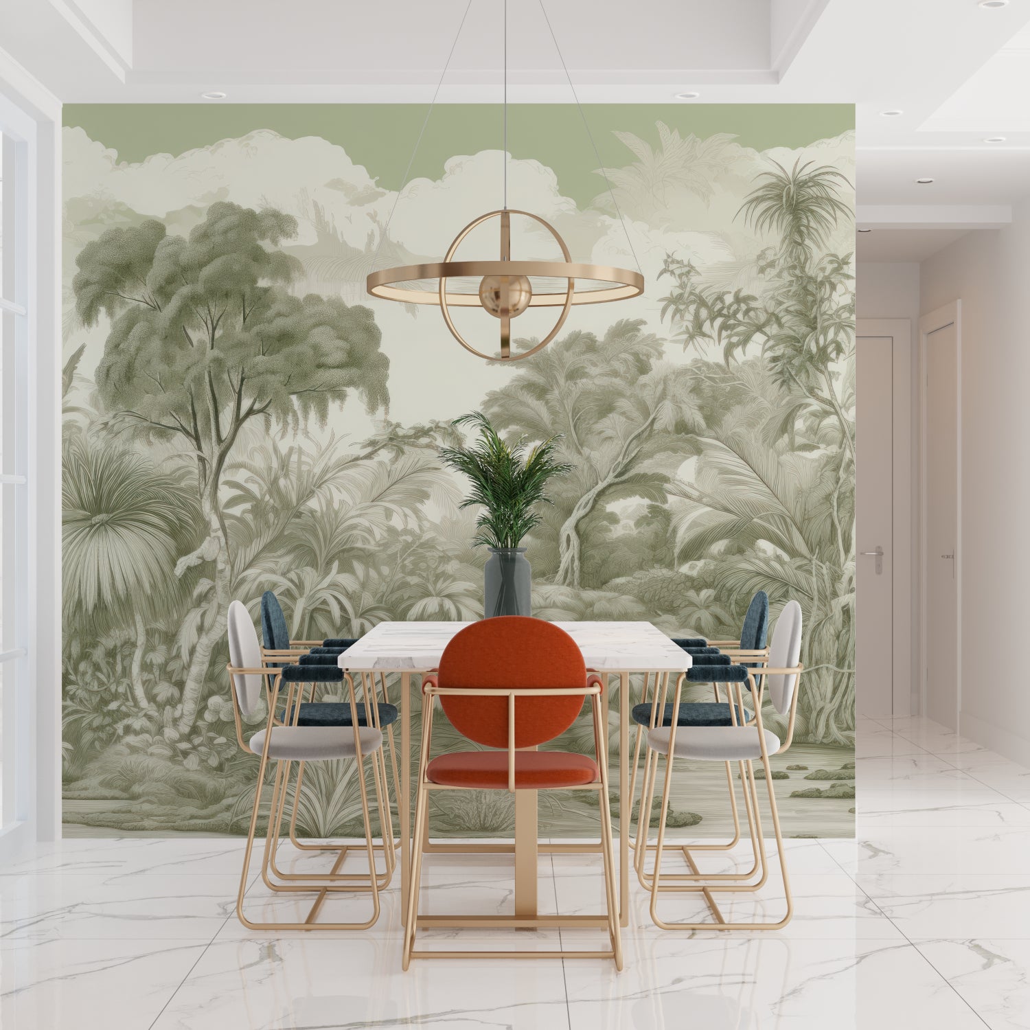 Jungle landscape wallpaper adding depth to a contemporary hallway