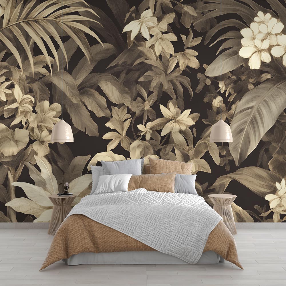 Tropical sepia palm wallpaper creating a sophisticated atmosphere in a modern living room with natural light