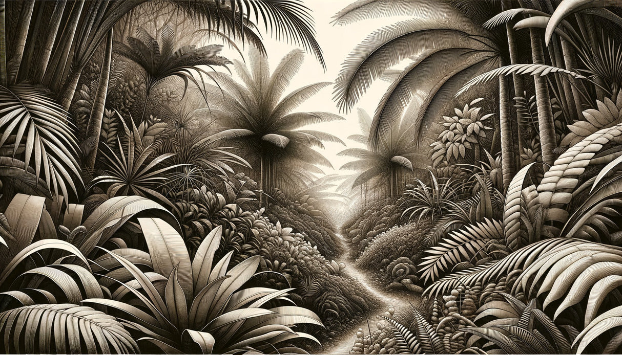 Tropical jungle wallpaper in sepia tones creating depth in modern living room