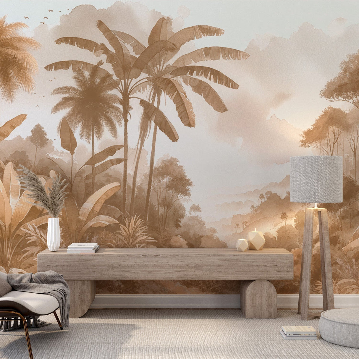 Tropical palm tree wallpaper in sepia tones creating a warm atmosphere in a modern living room with natural light