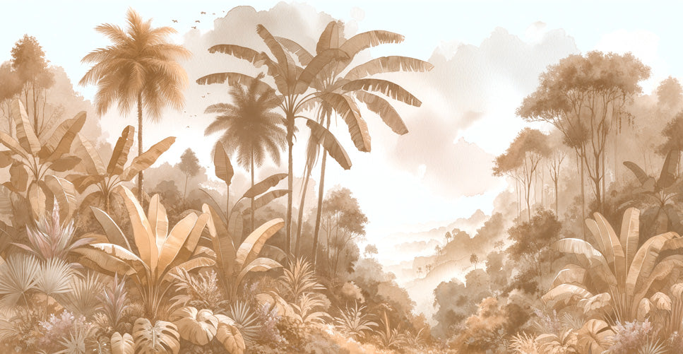 Sepia palm trees and monstera design file showing detailed botanical pattern and warm tones