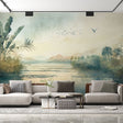 Tropical paradise mural wallpaper creating a zen atmosphere in a modern living room with natural light