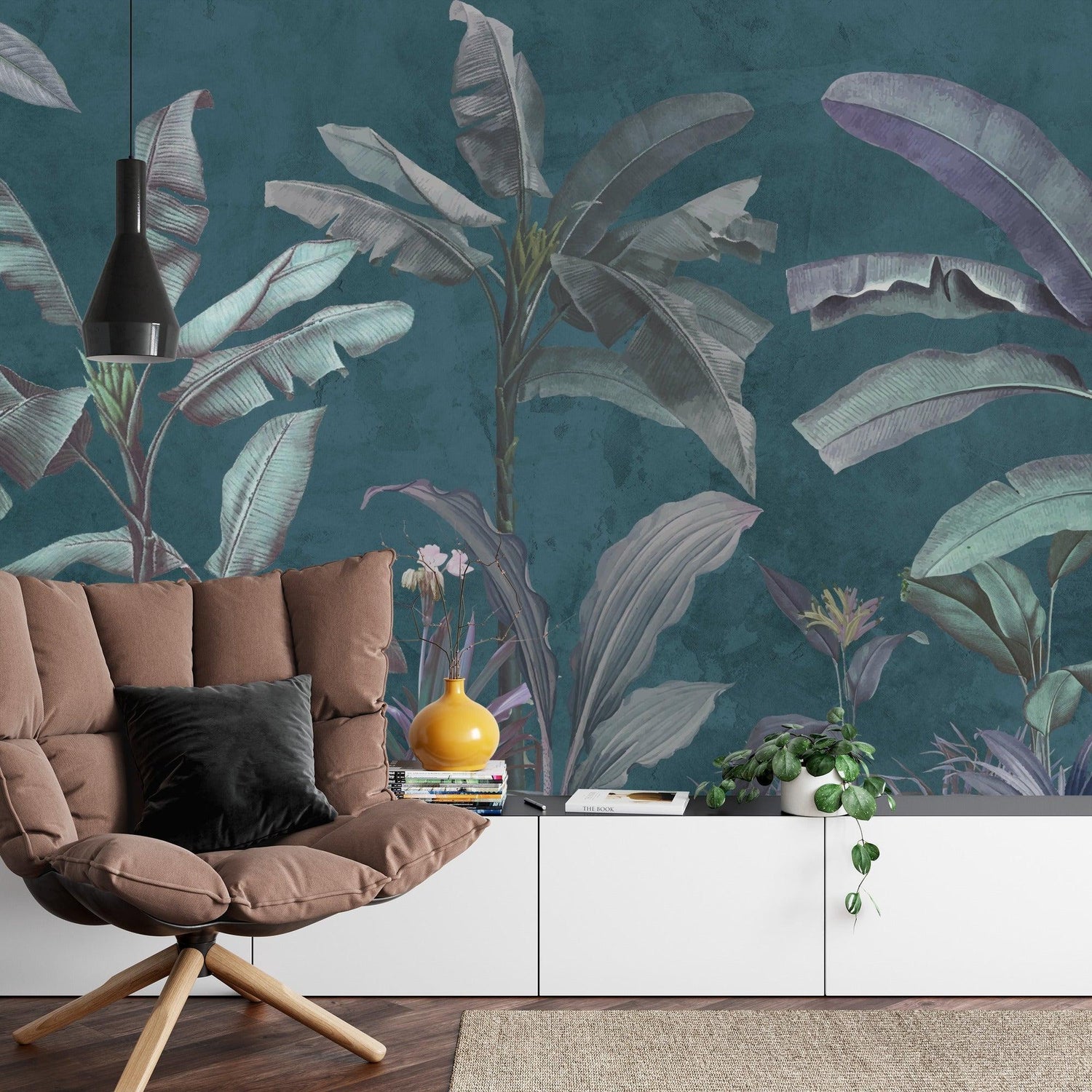Silver banana leaf mural in master bedroom with white bedding and teal accents