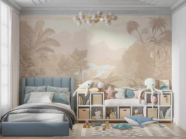 Tropical palm tree wallpaper in modern living room creating a calm beige accent wall