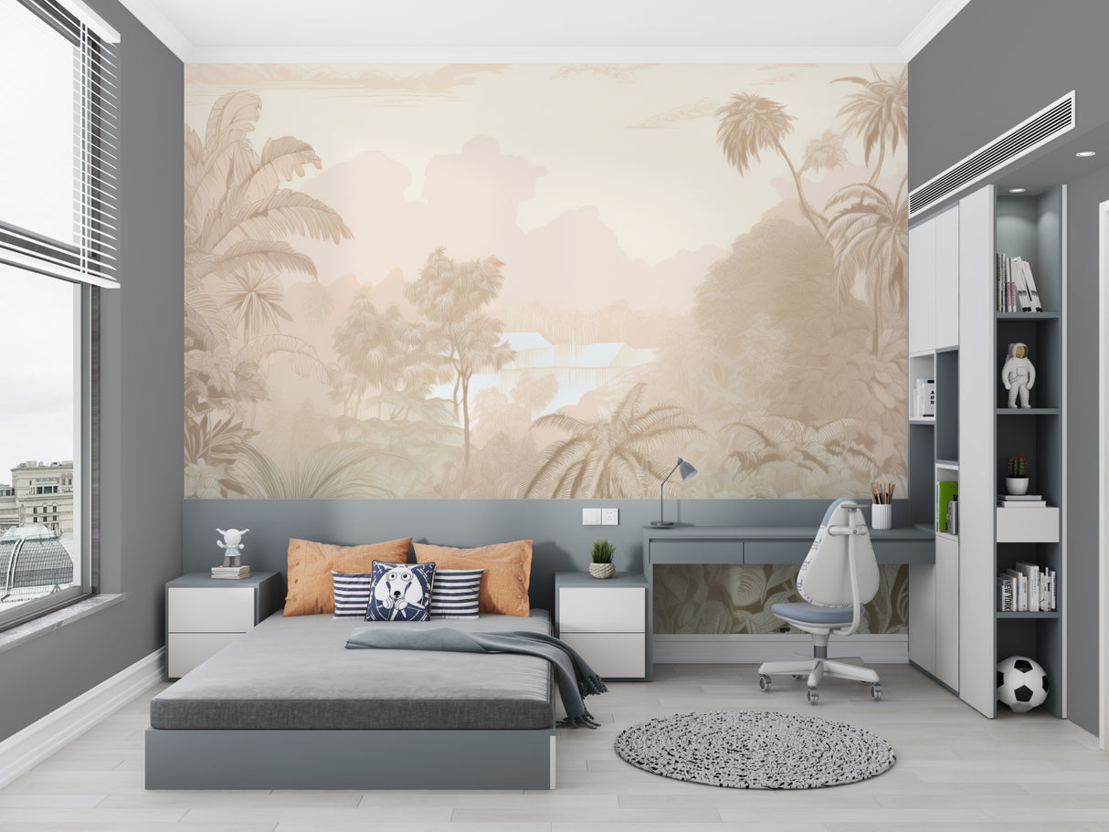 Beige palm landscape mural in master bedroom showing peaceful tropical scenery