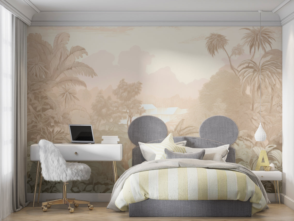 Soft tropical wallpaper design featured in luxury hotel lobby with natural lighting